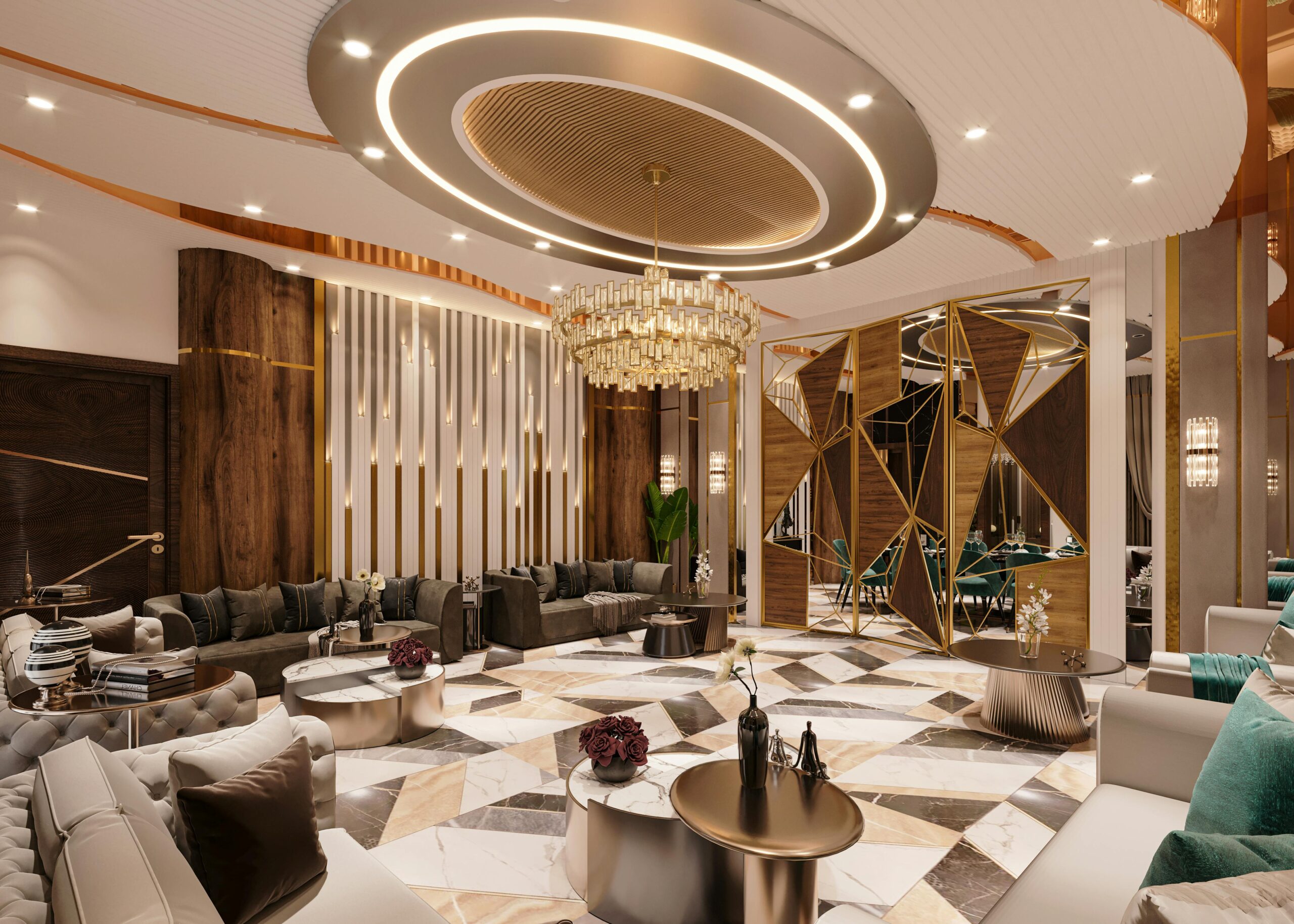 Luxurious contemporary interior with chandelier, stylish furniture, and geometric decor in Lahore, Pakistan.